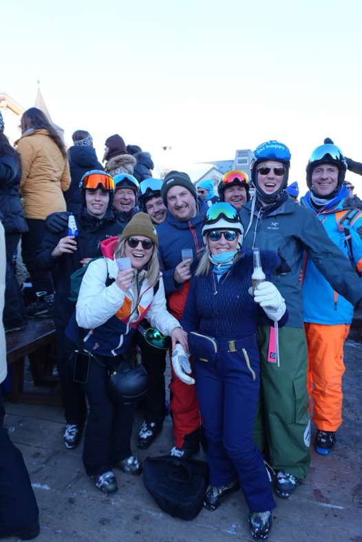 Friends together on the terrace at La Folie Douce in Val d’Isère.