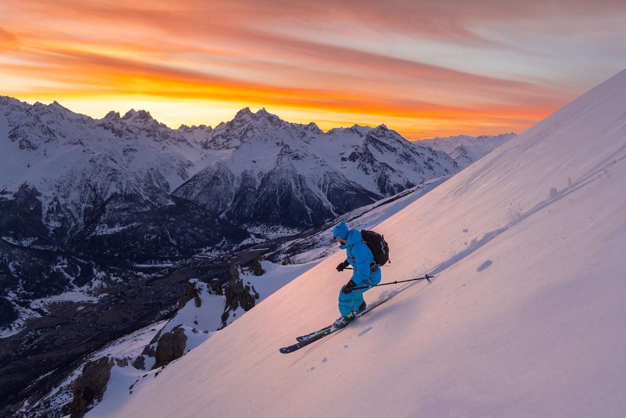 Skiing at sunset Serre Chevalier