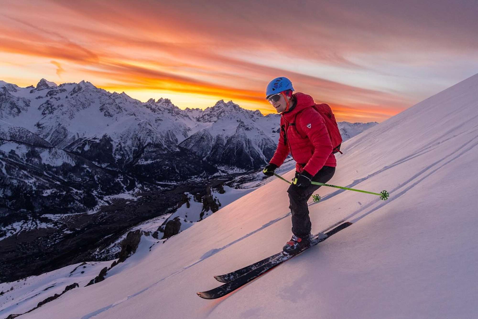 Skiing at sunset Serre Chevalier