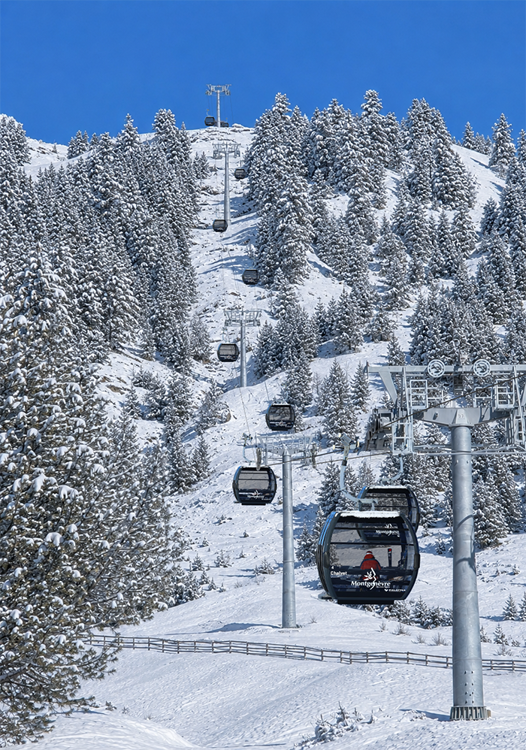 Artist’s impression of the new Chalvet gondola climbing through snow-covered trees.