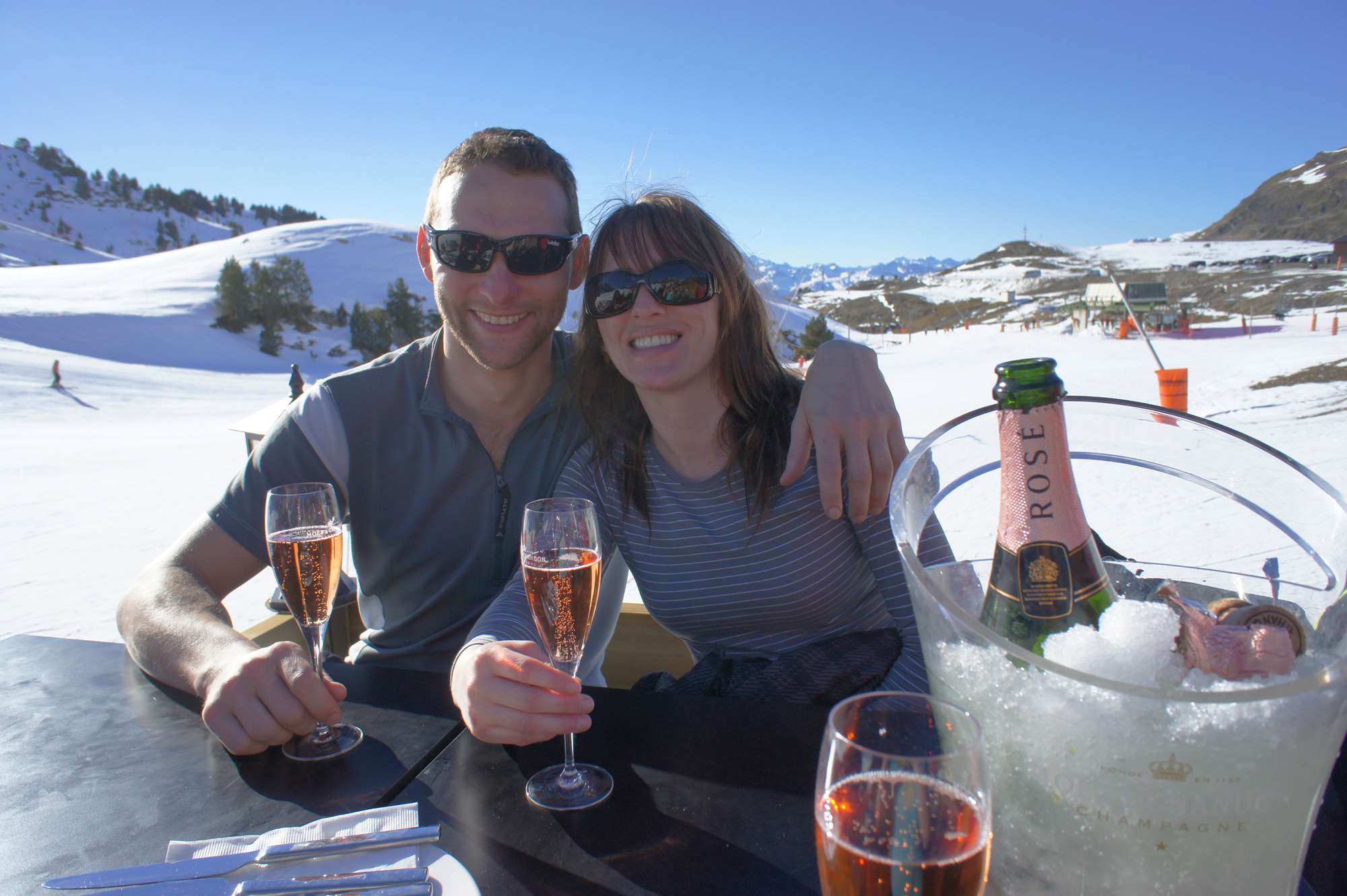 Drinking pink champagne at the Moet bar in Baqueira