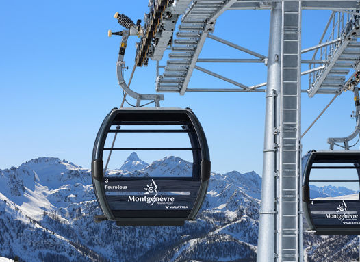 Artist’s impression of a Fournéous gondola cabin against the snowy mountain skyline.